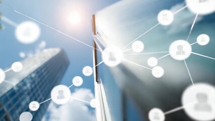 Networking in the Sky: Modern skyscrapers reaching towards the sun, overlaid with a network of interconnected nodes representing global business connections and communication. - Powered by Adobe