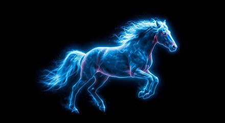 The fiery neon horse, the symbol of the 2026 year in the Chinese calendar, is isolated on a black background