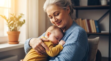 Loving Grandmother Cradling Her Sleeping Newborn Grandchild.