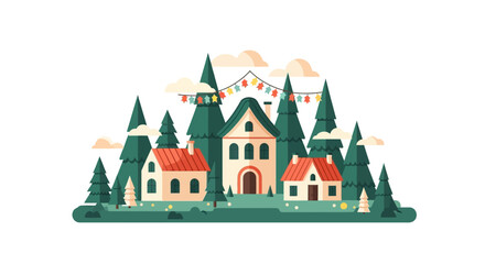 Charming illustrated village with houses and pine trees.
