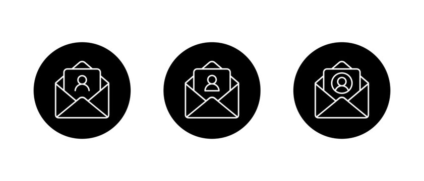 Email with avatar profile icon. Open envelope outline with user account symbol in black circle