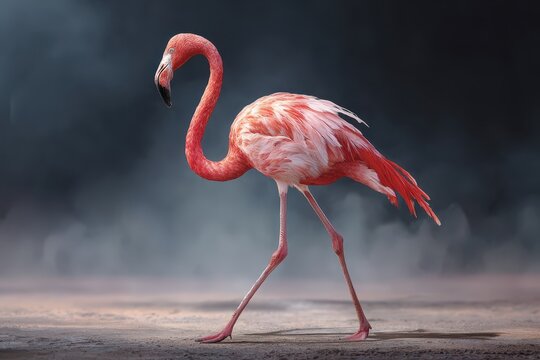 Stylized flamingo walking across a misty ground in a realistic setting captured during twilight hours in a tranquil environment