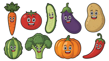 Collection of happy cartoon vegetables with faces smiling and laughing on a white background for children s education and healthy eating