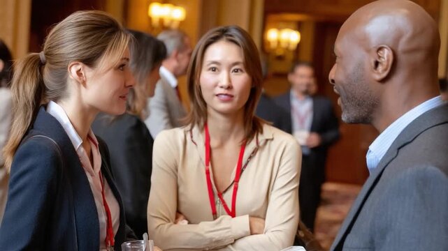 Connecting and Conversing: A candid snapshot captures a networking gathering, showcasing diverse individuals engaged in animated discussion within a spacious conference hall.