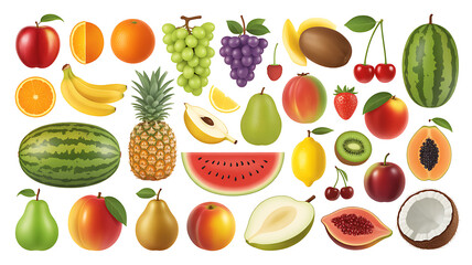 Vibrant assortment of fresh ripe fruits displayed together on a white background for healthy eating
