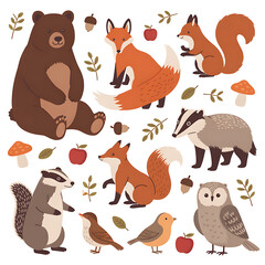 Adorable woodland creatures collection featuring a bear fox squirrel badger owl and birds with autumn elements