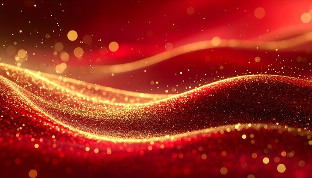 Fondo abstracto con ondas doradas y destellos luminosos sobre superficie roja brillante en textura elegante