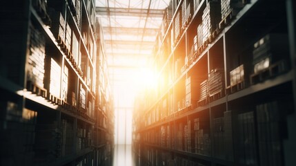 Fototapeta premium warehouse. Industrial warehouse interior with focused shelves, highlighting professional storage solutions. safety posters.