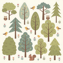 Charming collection of stylized forest trees with cute woodland animals and birds in a whimsical illustration style