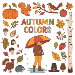 Whimsical autumn scene with child holding umbrella surrounded by fall elements and animals