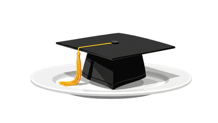 Graduation cap with a gold tassel sits on a white plate, symbolizing academic achievement and the pursuit of knowledge.