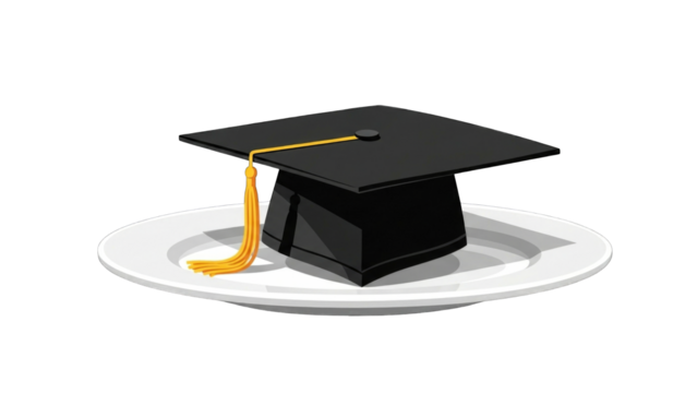 Graduation cap with a gold tassel sits on a white plate, symbolizing academic achievement and the pursuit of knowledge.