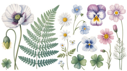 Delicate watercolor floral illustration featuring a large pale poppy fern frond pansies and small wildflowers with a white background