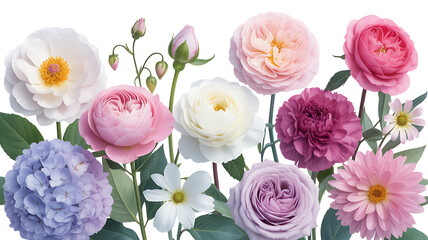 A beautiful arrangement of various colorful blooming flowers including roses hydrangeas and daisies on a white background