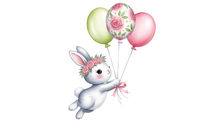 Adorable watercolor illustration of a fluffy white bunny holding onto a bunch of festive easter egg shaped balloons