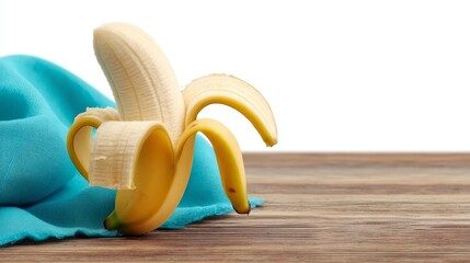 Fresh banana on blue fabric, vibrant fruit imagery ripe yellow banana highlights healthy eating on blue textile.