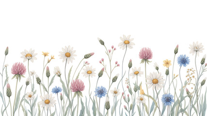 Delicate watercolor painting of a vibrant meadow filled with diverse wildflowers and tall grasses under a bright sky