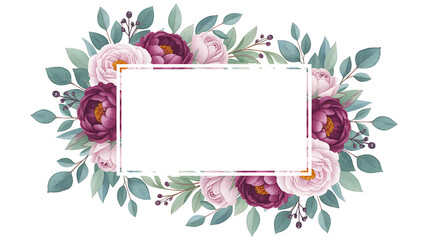 Elegant watercolor floral frame with burgundy and pink peonies and lush greenery for copy space