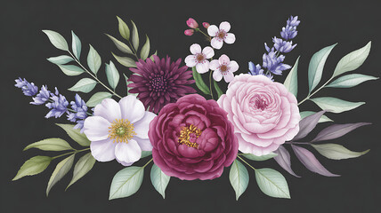 Elegant watercolor floral arrangement featuring deep red roses soft pink peonies white anemones and lavender sprigs on a dark background