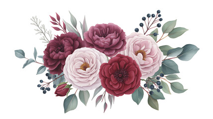 Elegant watercolor floral arrangement featuring deep burgundy and soft pink roses with eucalyptus leaves and delicate branches