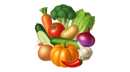A vibrant assortment of fresh healthy vegetables including a pumpkin tomato broccoli carrot onion and garlic arranged artistically for a healthy lifestyle concept