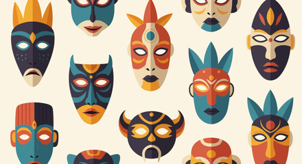 Collection of vibrant tribal masks with glowing eyes.