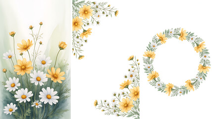 Delicate watercolor floral arrangements featuring daisies and yellow wildflowers in a border and wreath design