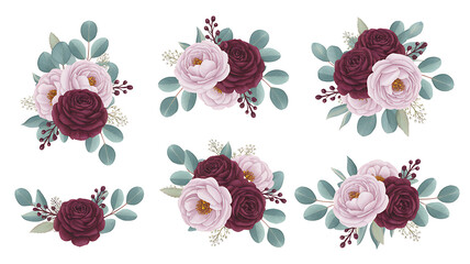 Elegant watercolor floral arrangements featuring burgundy roses and soft pink peonies with green eucalyptus leaves