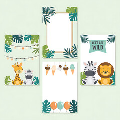 Adorable jungle safari themed party invitation templates with cute animals and tropical leaves for kids