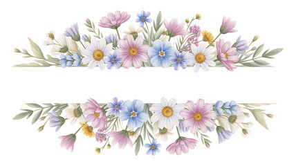 Delicate watercolor floral arrangement with pastel colored flowers and greenery creating a beautiful border for text or design