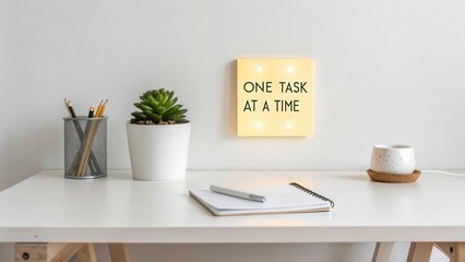 Motivational Desk Setup with Inspirational Sign, Plant, Notebook, and Stationery for Productive Work Environment