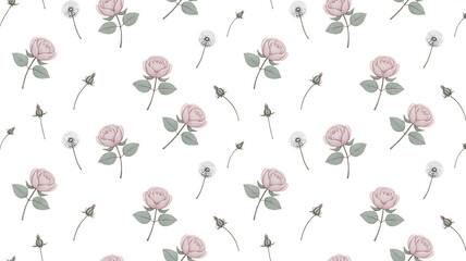 Delicate watercolor floral pattern with soft pink roses and subtle green leaves on a clean white background for elegant design