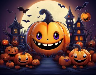 AI Generative A whimsical Halloween scene featuring a giant, grinning pumpkin surrounded by smaller carved pumpkins and spooky haunted houses under a full moon.
