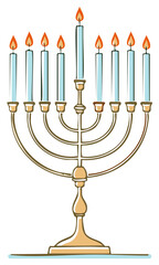 Illustration of a golden Hanukkah menorah with nine lit blue candles, flames burning brightly symbolizing festive Jewish celebration