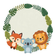 Cute cartoon fox koala and lion cubs in a leafy jungle wreath with copy space for text