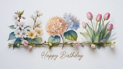 Delicate watercolor floral arrangement with happy birthday greeting and soft pastel hues on white background