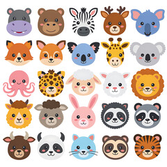 Collection of cute cartoon animal faces including zoo and farm animals for children s illustrations and designs