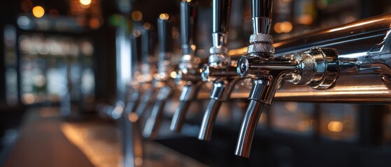 The beer taps lined up along a polished bar in a cozy pub