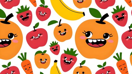 Kawaii Smiling Fruits and Vegetables Seamless Pattern