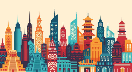 Fototapeta premium Colorful Cityscape Depicting Diverse Architectural Styles and Designs.