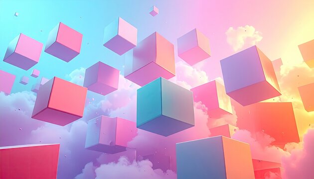 Colorful, abstract cubes float amongst soft clouds, creating a dreamy and surreal atmosphere, with a pastel color palette and a gradient sky transitioning from blue to yellow, suggesting a sense of... - Powered by Adobe