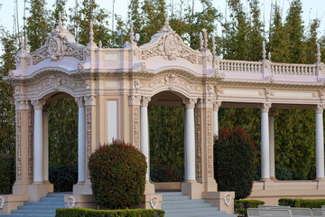 The ornate walkway on The side of the Spreckels Organ Pavilion in Balboa Park in San Diego, California.