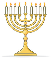 Golden Hanukkah Menorah with Nine Lit Candles Festive Cartoon Illustration