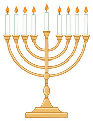 Menorah with nine lit candles, Jewish holiday Hanukkah symbol, golden candelabra and white candles, vector illustration
