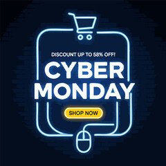 Cyber Monday Sale Neon Sign with Shopping Cart.
