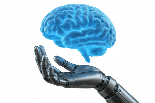 Robot hand offering a glowing blue human brain, symbolizing artificial intelligence, technological development, and machine learning advancement