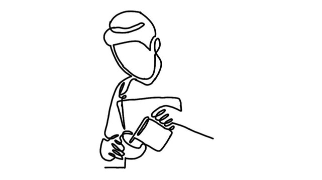 Continue line animation of barista pouring milk to coffee