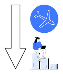 Woman working on laptop atop bar graph, large downward arrow symbolizing decrease, airplane highlighting travel or aviation. Ideal for business trends, travel industry, finance, productivity