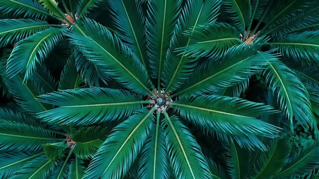 Overhead View of Sago Palm Plants with Sharp Green Fronds and Textured Leaves