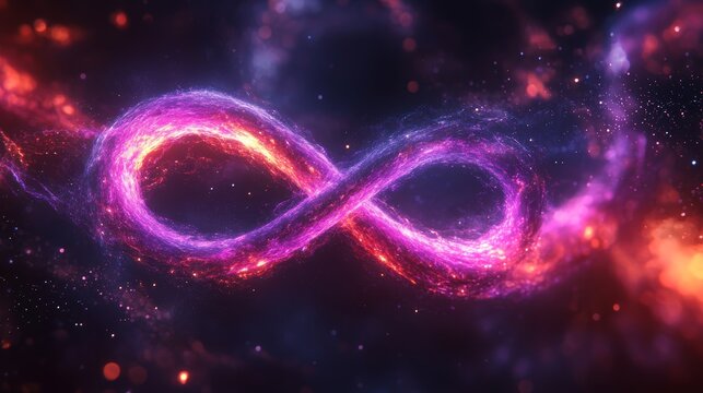 Abstract glowing infinity loop floating in deep cosmic space with bright energy particles, symbolizing eternity, limitless creativity, futuristic science, universal connection, and timeless vision.